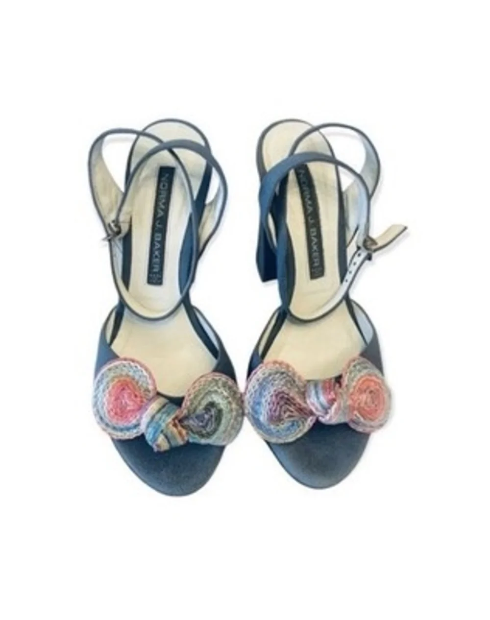 Norma J Baker Genuine Leather Suede Peep Toe Sandals Blue Block Heel 5.5 Floral